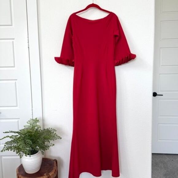 Chiara Boni Red Column Gown Ruffle Sleeve Sweetheart Neckline Formal Dress - Picture 6 of 6